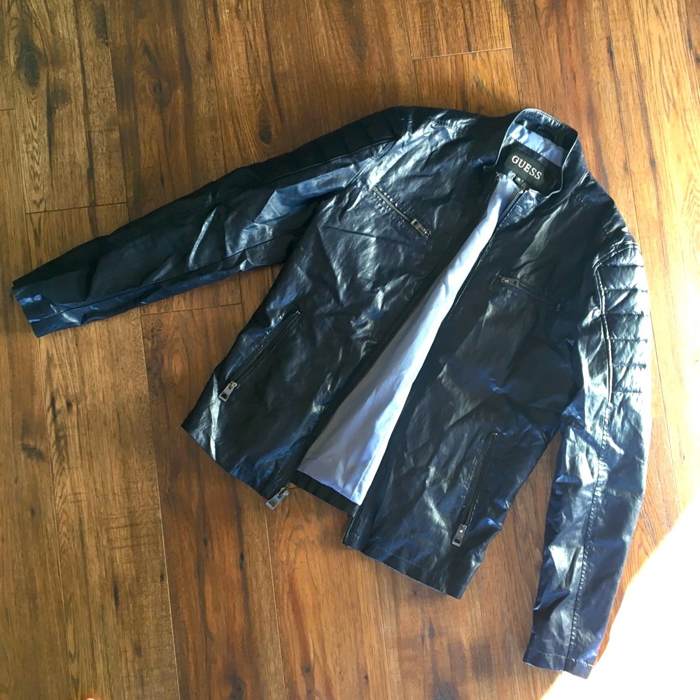 GUESS men’s blue faux leather moto